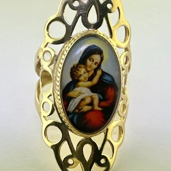 Vintage 14K Yellow Gold Madonna and Child Ring Size 8.5-5.61g - Picture 2 of 12